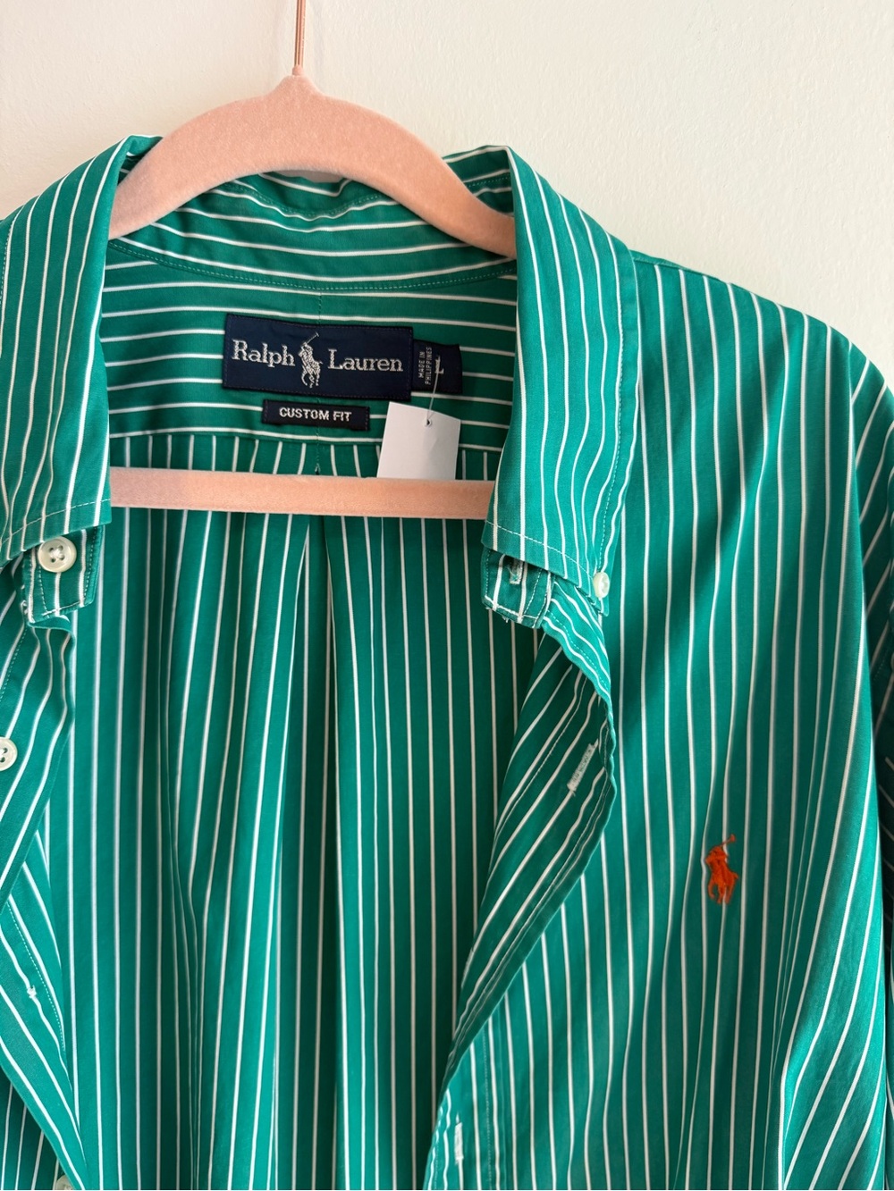 Ralph Lauren Green and White Striped Button-Down Shirt